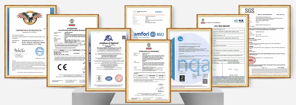 Relish certifications including ISO9001, ISO13485, BSCI, FDA, CE, CB, ROHS